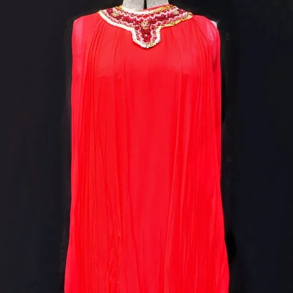 VTG 60's 70's Red Chiffon Trapeze A-Line Dress Beaded Neckline XS/S Twiggy Style - Picture 4 of 11